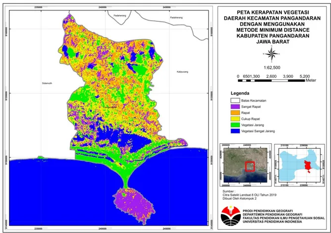 Gambar 4. Hasil Peta Kerapatan Vegetasi menggunakan metode Minimum Distance Classification  (MDC) di Kecamatan Pangandaran, Kabupaten Pangandaran, Jawa Barat