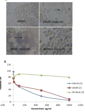Gambar 1 Perbandingan efek penghambatan pertumbuhan sel karena perlakuan ekstrak etanol Calotropis 