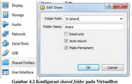 Gambar  4.2 Konfigurasi shared folder pada VirtualBox  Kemudian  membuat  folder  share  pada  direktori  home  di  sistem  operasi  Linux  seperti  pada  Gambar  4.3