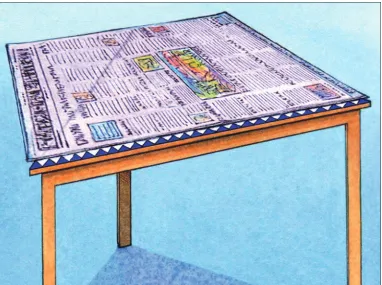 table with triangle tiles. A newspaper is covering most of the table so
