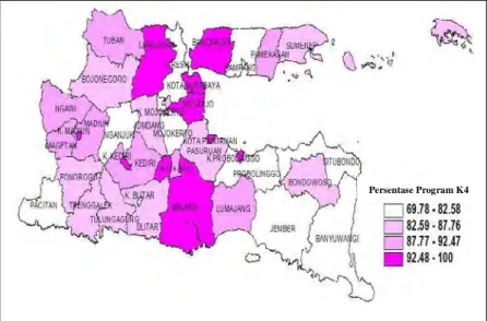 Gambar 4.3 menunjukkan pengkategorian kabupaten/kota  di Jawa Timur berdasarkan besarnya persentase ibu hamil  melaksanakan program K4