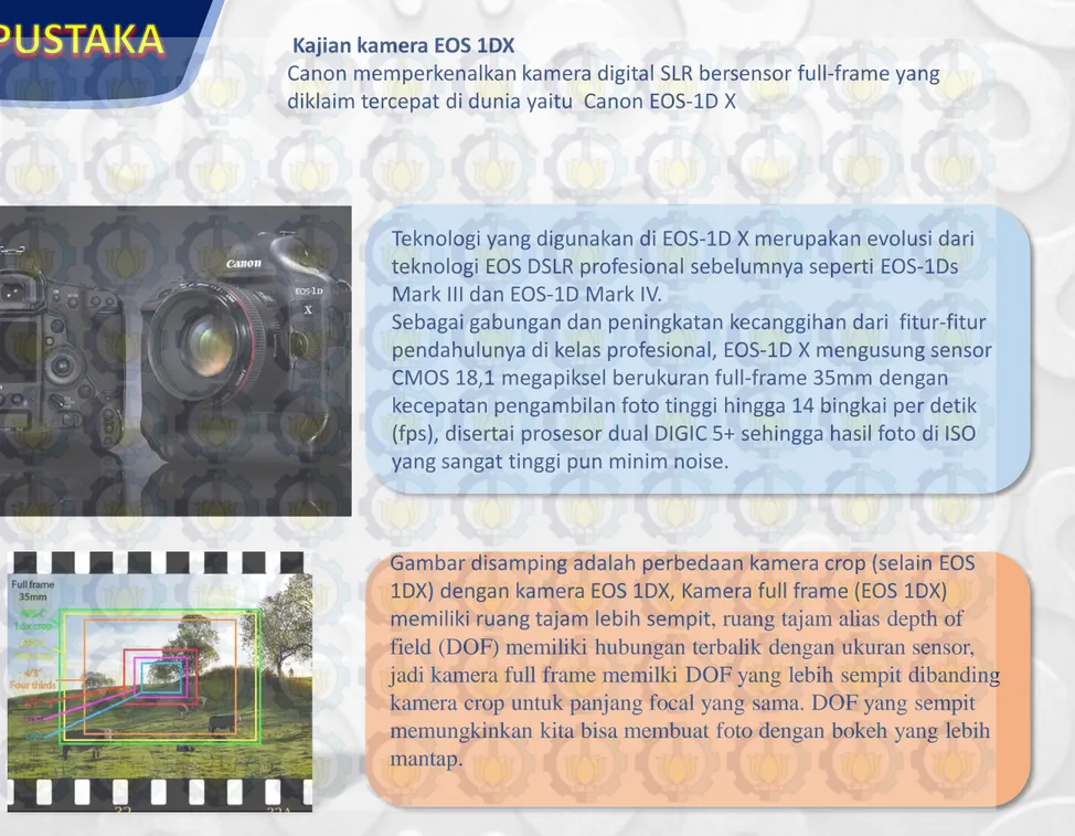 Gambar disamping adalah perbedaan kamera crop (selain EOS  1DX) dengan kamera EOS 1DX, Kamera full frame (EOS 1DX)  memiliki ruang tajam lebih sempit, ruang tajam alias depth of  field (DOF) memiliki hubungan terbalik dengan ukuran sensor,  jadi kamera ful
