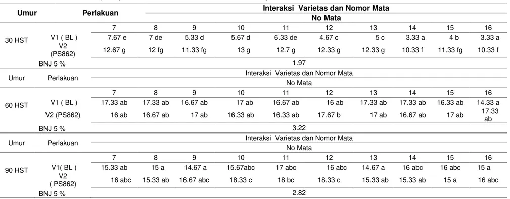 Tabel 5 Rerata Jumlah Daun (Helai) Pada Dua varietas Tanaman Tebu dan Sepuluh Nomor Mata Tunas