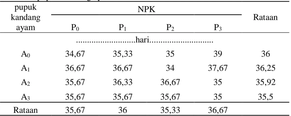 Tabel  3.  Rataan  umur  berbunga  tanaman  kedelai  hitam  dengan  pemberian  pupuk kandang ayam dan dosis NPK 16-16-16