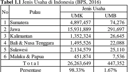 Tabel 1.1 Jenis Usaha di Indonesia (BPS, 2016) 