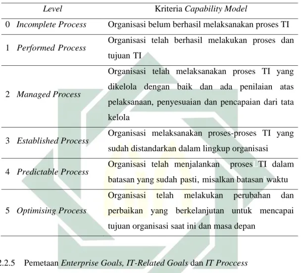 Tabel 2. 5 Tingkatan Capability Model (ISACA, 2012) 