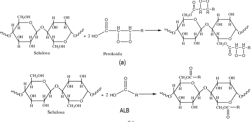 Gambar 8. Reaksi selulosa biosorben dengan (a) peroksida dan (b) asam bebas lemak (ALB)