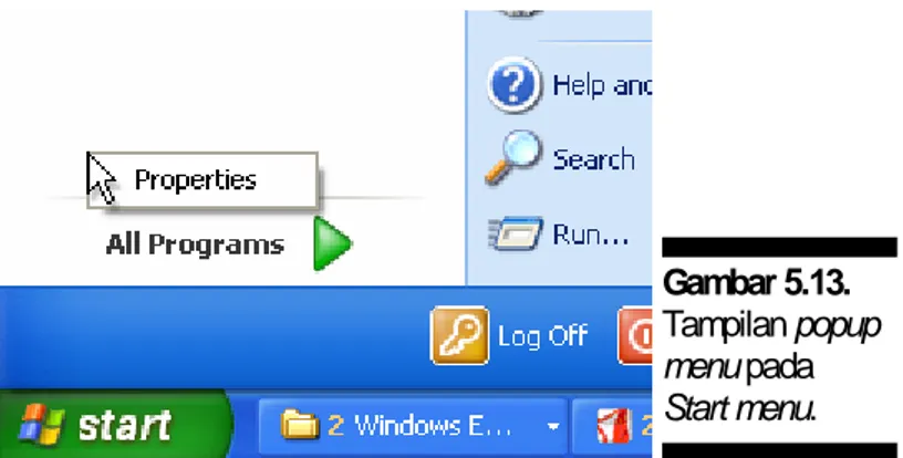 Gambar 5.13.  Tampilan popup  menu pada  Start menu.  Gambar 5.14.  Tampilan  Start Menu  Properties  pada  Windows XP