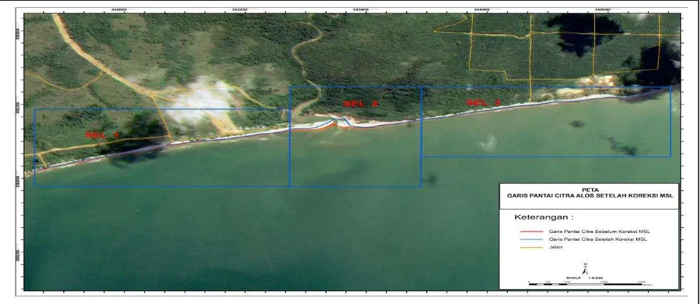 Gambar 9. Posisi garis pantai perekaman citra ALOS 10 Mei 2010 yang telah dikoreksi dengan MSL         