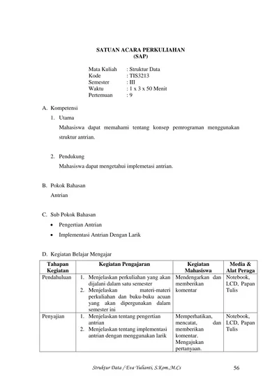 SATUAN ACARA PERKULIAHAN (SAP) Mata Kuliah : Struktur Data Kode ...