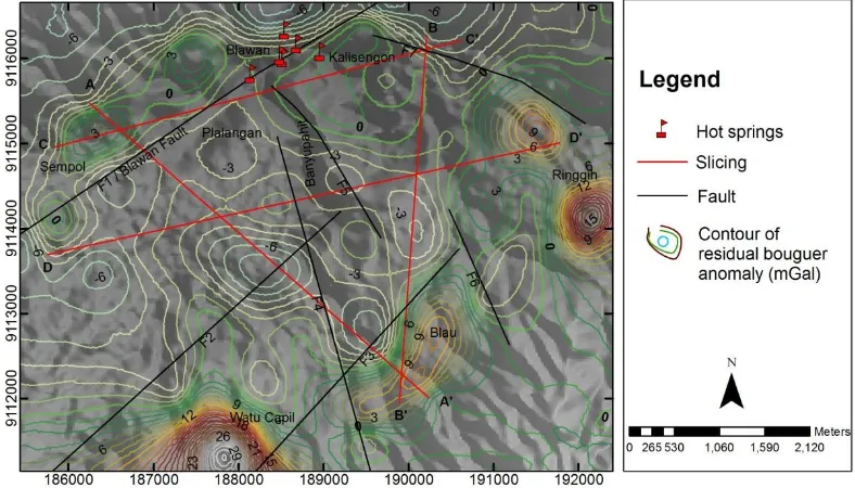 Figure 5.Prospecting new faults based on residual Bouguer anomaly pattern in Blawan-Ijenarea with four cross sections 