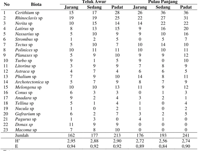 Tabel 4. Kelimpahan Epifauna Di Pulau Panjang dan Teluk Awur (ind/m 2 ) 