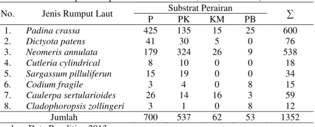 Tabel 2. Jumlah Rumput Laut pada Substrat Perairan (individu/300 m²)  No.  Jenis Rumput Laut  Substrat Perairan  ∑ 
