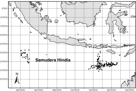 Gambar 1 Daerah penangkapan rawai tuna selama observasi ilmiah Samudera Hindia 