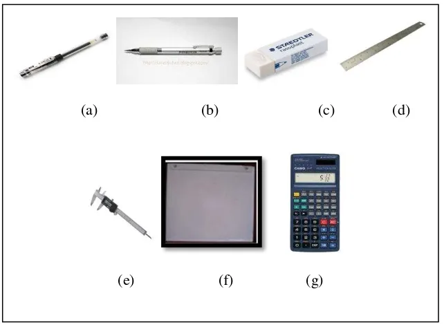 Gambar 3.1.Alat penelitian: a. pulpen; b. pensil; c. penghapus; d.penggaris besi; e. tracing box; f
