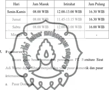 Tabel 3.1 Jam dan hari kerja PT. Sirat Adi Warno 