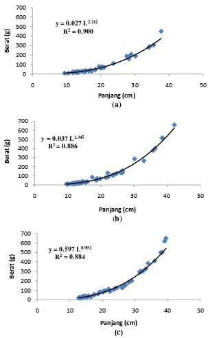 Gambar 6.  Analisis Pola Pertumbuhan Ikan Bulan-bulan (a) Stasiun 1; (b) Stasiun 2; (c) Stasiun 3 
