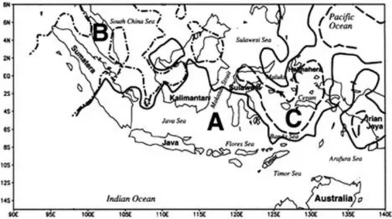 Gambar 1.  Tiga wilayah iklim Indonesia. Wilayah A (monsun) garis hitam, Wilayah B (ekuatorial) garis dan titik, Wilayah C (lokal) garis  putus-putus (Aldrian et al., 2003) 
