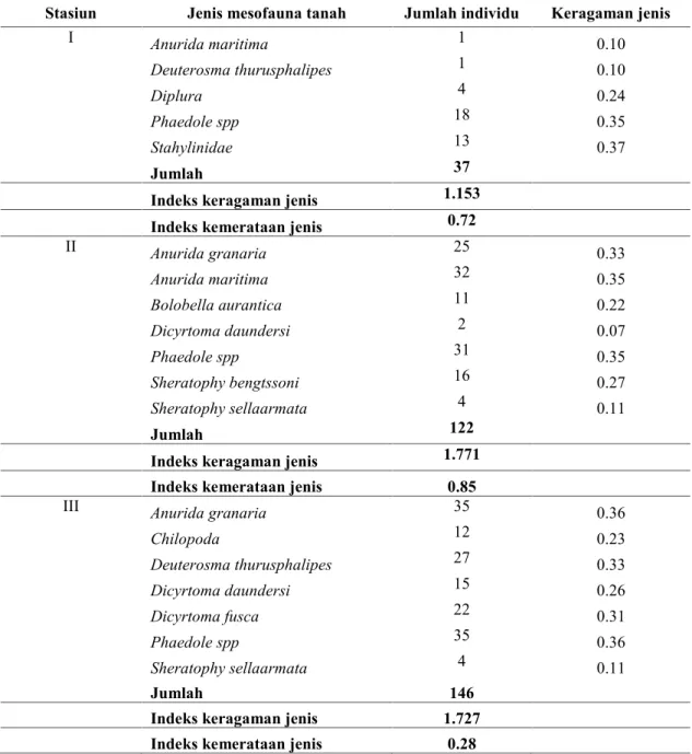 Tabel 4 Jenis mesofauna tanah, jumlah indivdu, keragaman jenis, indeks keragaman jenis Indeks Shannon dan indeks kemerataan jenis mesofauna tanah pada 3 (tiga) stasiun