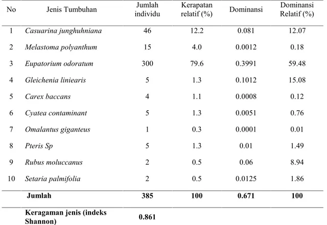 Tabel 3. Jenis Tumbuhan, Jumlah Individu, Kerapatan Relatif, Dominansi, Dominansi Relatif dan Keragaman Vegetasi pada Stasiun III