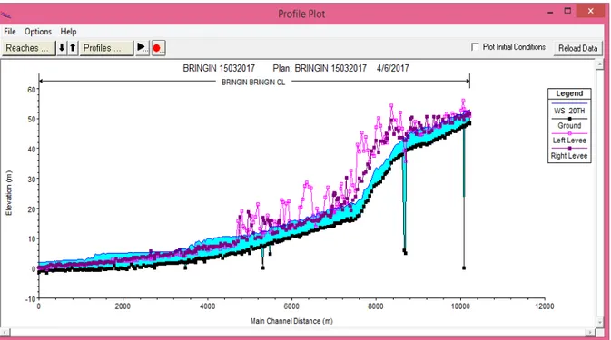 Gambar 4.   Hasil Simulasi Hidrolika Penampang Memanjang Sungai Bringin 