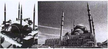 Figure 1: Kocatepe Mosque in Turkey; on the left is the design that won the VedatDalokay contest, while the right is the mosque that was finally built