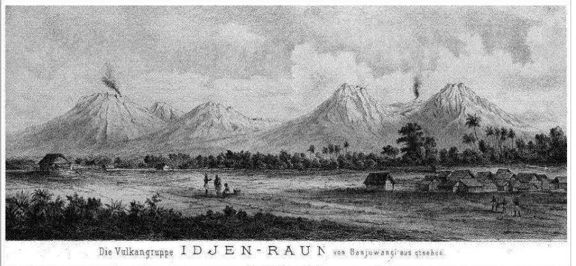 Gambar 1.    Bentang alam Banyuwangi berlatar pegunungan Ijen, dilukis oleh oleh Emil Stöhr, seorang berkebangsaan Jerman, di tahun 1858