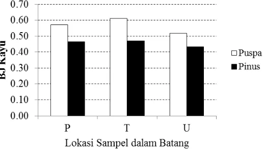 Gambar 5. Hasil penelitian menunjukkan bahwa BJ kayu pinus berkisar antara Rata-rata nilai BJ kayu kedua jenis kayu yang diteliti disajikan pada 0.52-0.61 dengan rataan sebesar 0.57