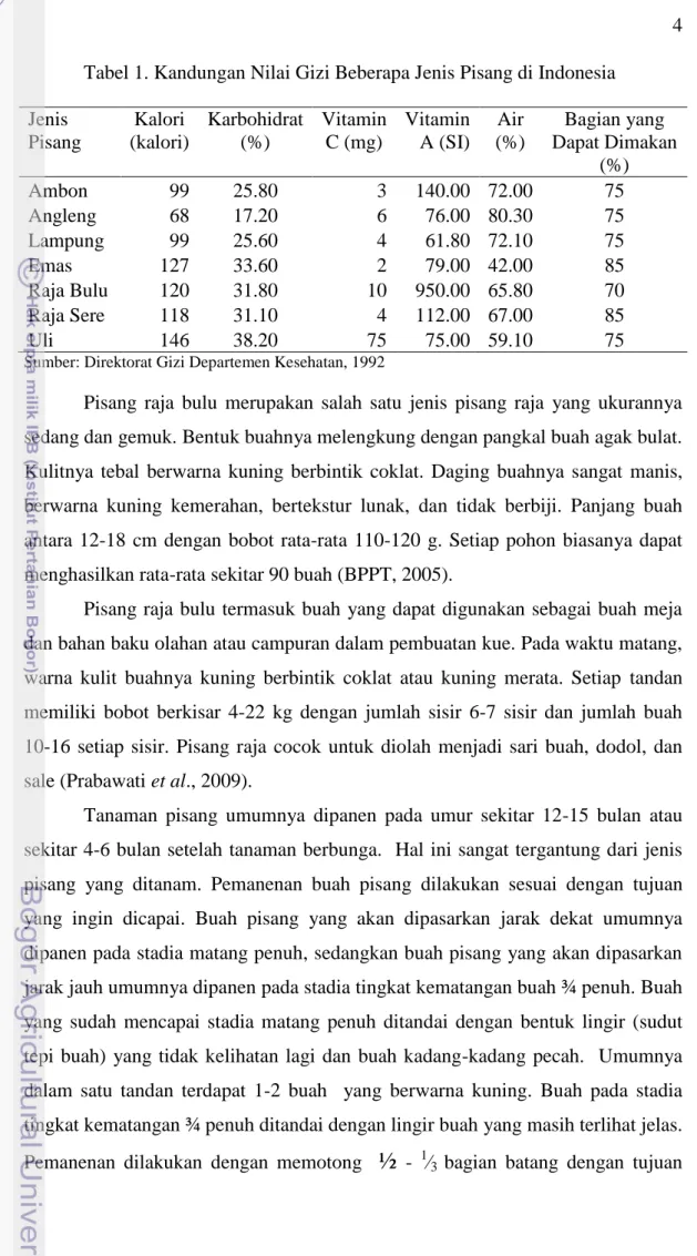 Tabel 1. Kandungan Nilai Gizi Beberapa Jenis Pisang di Indonesia  Jenis  Pisang  Kalori  (kalori)  Karbohidrat (%)  Vitamin C (mg)  Vitamin A (SI)  Air  (%)  Bagian yang  Dapat Dimakan  (%)  Ambon  99  25.80  3  140.00  72.00  75  Angleng  68  17.20  6  76