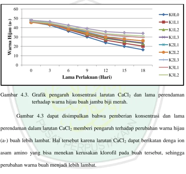 Gambar  4.3.  Grafik  pengaruh  konsentrasi  larutan  CaCl 2   dan  lama  perendaman  terhadap warna hijau buah jambu biji merah