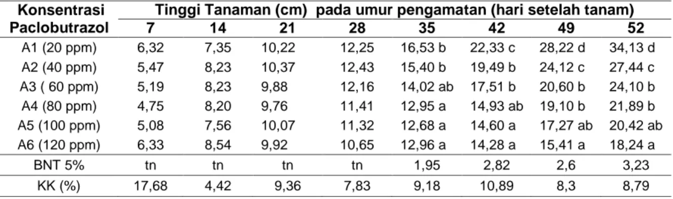 Tabel 1. Rata-rata tinggi tanaman coleus akibat perlakuan konsentrasi paclobutrazol dengan  dosis yang berbeda pada berbagai umur pengamatan 