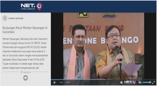 Gambar di atas merupakan video amatir warga yang merekam aksi para menteri kabinet  Presiden  Joko  Widodo  dalam  “Kunjungan    Kerja  Menteri  Keuangan  di  Gorontalo”  yang  diunggah oleh netizens, Irwanto Achmad