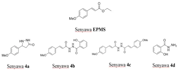 Gambar 2. Senyawa EPMS dan hasil modifikasi struktur EPMS menjadi senyawa turunan  p-Metoksisinnamoil hidrazida (Sulistyowaty et al., 2016)
