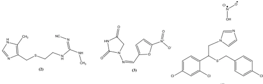 Gambar 2.2  Struktur Senyawa Cimetidine (2), Nitrofurantoin (3),  dan Sulconazole Nitrat (4) 