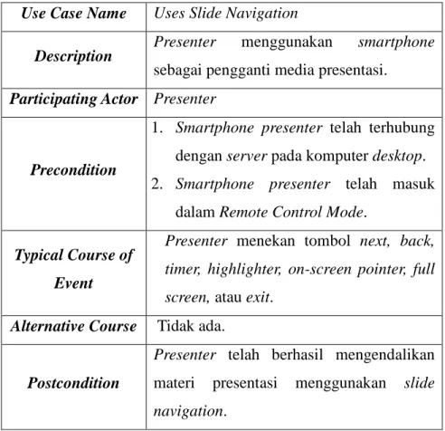 Tabel 3.27 Tabel Use Case Narative untuk Uses Slide Navigation  Use Case Name  Uses Slide Navigation 
