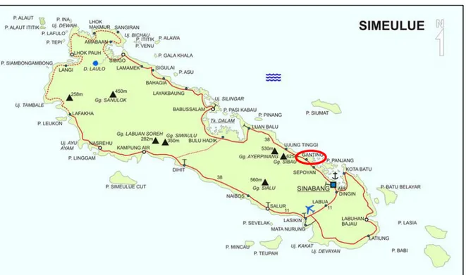 Gambar 1. Peta Pulau Simeulue, Provinsi Aceh. Lokasi penelitian di Pantai Ganting ditandai   dengan lingkaran merah 