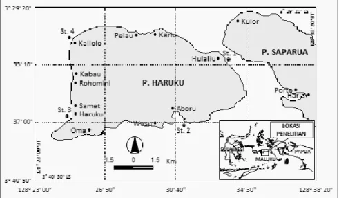Gambar 1. Peta lokasi penelitian karang jamur perairan Pulau Haruku, April 2014.  Tabel 1
