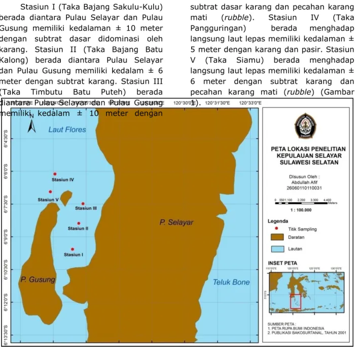 Gambar  1.  Stasiun  Pengambilan  Sampel  Plankton  di  Perairan  Pulau  Gusung,  Kepulauan  Selayar, Sulawesi Selatan