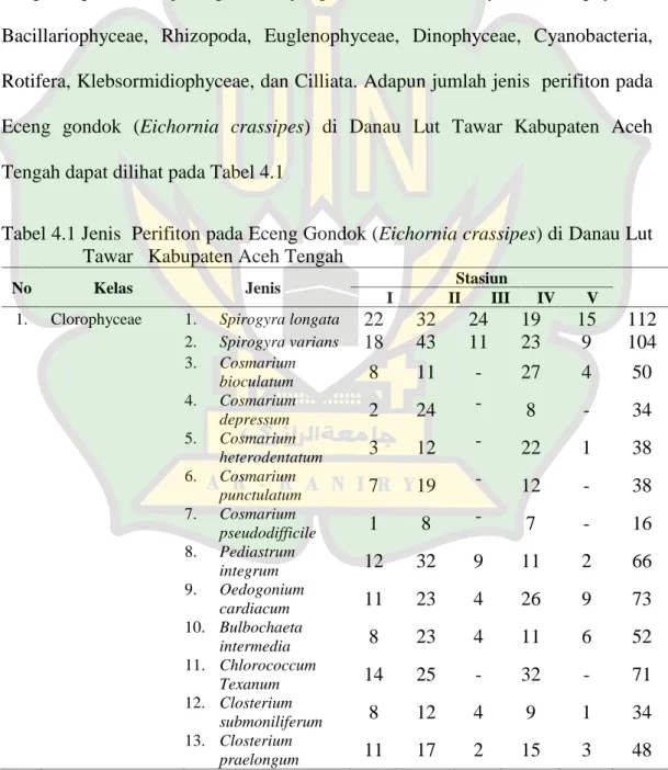 Tabel 4.1 Jenis  Perifiton pada Eceng Gondok (Eichornia crassipes) di Danau Lut Tawar   Kabupaten Aceh Tengah