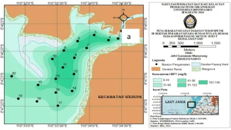 Gambar 3. (a) Sebaran Horizontal MPT di Kedalaman 0,2d pada Kondisi Pasang Menuju Surut;  (b) Sebaran Horizontal MPT di Kedalaman 0,6d pada Kondisi Pasang Menuju Surut  dan  (c)  Sebaran  Horizontal  MPT  di  Kedalaman  0,6d  pada  Kondisi  Pasang  Menuju 