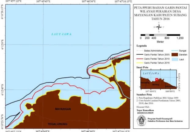 Gambar 12.  Peta Perubahan Garis Pantai Wilayah Perairan Desa Mayangan  Kabupaten Subang Tahun 2005 – 2016 
