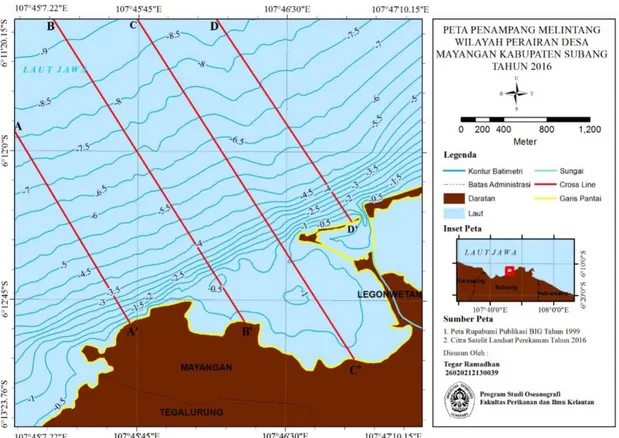 Gambar 6.  Peta Penampang Melintang Kedalaman Wilayah Perairan Desa  Mayangan, Kabupaten Subang 