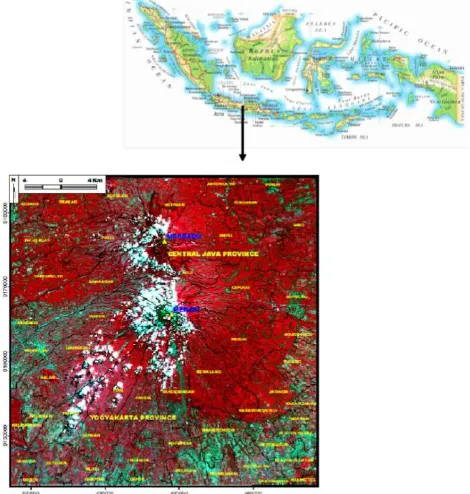 Fig 1 Study area of Merapi volcano, Central Java and Yogyakarta Province (Sub-scene image of Landsat 8 LDCM acquired 24 June 2013 Path/ Row: 120/65 in the study area) 