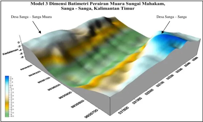 Gambar  5.  Model Tiga Dimensi (3D) Tampak Samping Perairan Muara Sungai  Mahakam, Sanga –  Sanga,  Kalimantan Timur 