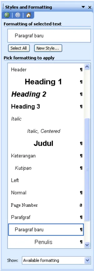 Gambar 2. Jendela Styles dan Formatting dalamMicrosoft Word 2003.