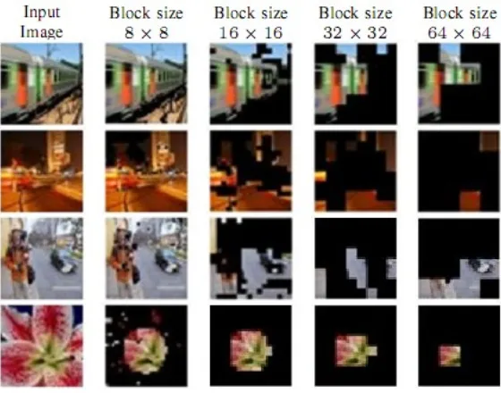 Gambar 8.  Hasil percobaan pendeteksian blur gerak pada daerah lokal dengan menggunakan beberapa ukuran blok DCT