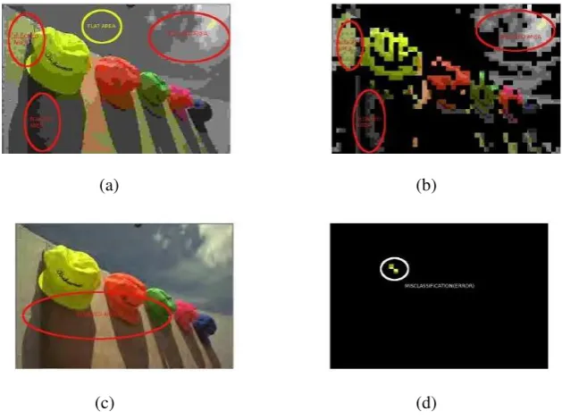 Gambar 6. (a) Gambar input pengetesan (diambil dari database gambar JPEG LIVE); (b) Hasil deteksi distorsi dari gambar (a); (c) Gambar input pengetesan (diambil dari database gambar JPEG2000 LIVE); (d) Hasil deteksi distorsi dari gambar (c); Pengetesan men