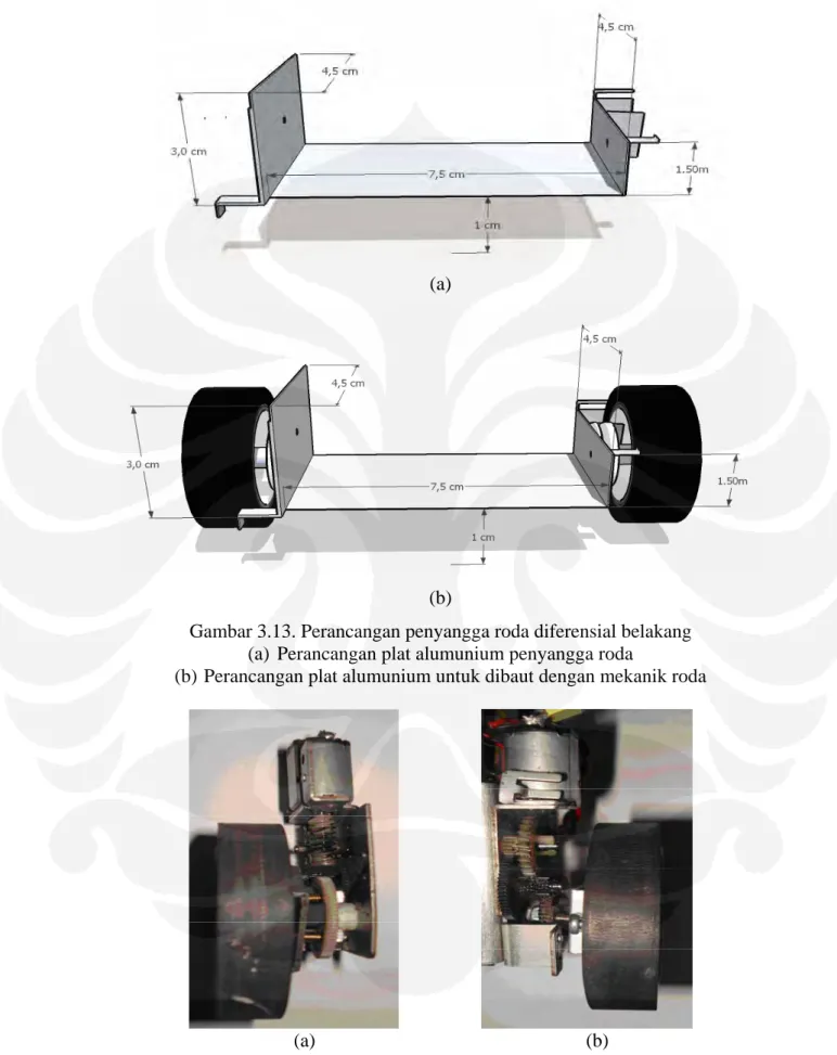 Gambar 3.13. Perancangan penyangga roda diferensial belakang  (a)  Perancangan plat alumunium penyangga roda 