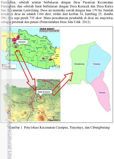 Gambar 1  Peta lokasi Kecamatan Ciampea, Tenjolaya, dan Cibungbulang 