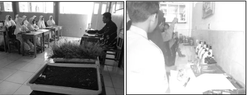 Figure 1. Innovation of teachers in the use of media for science teaching, a) teachers use simple media in MTs Maslakul Huda class, b) simple practicum students in Laboratory of MTs Putra Putri Lamongan  